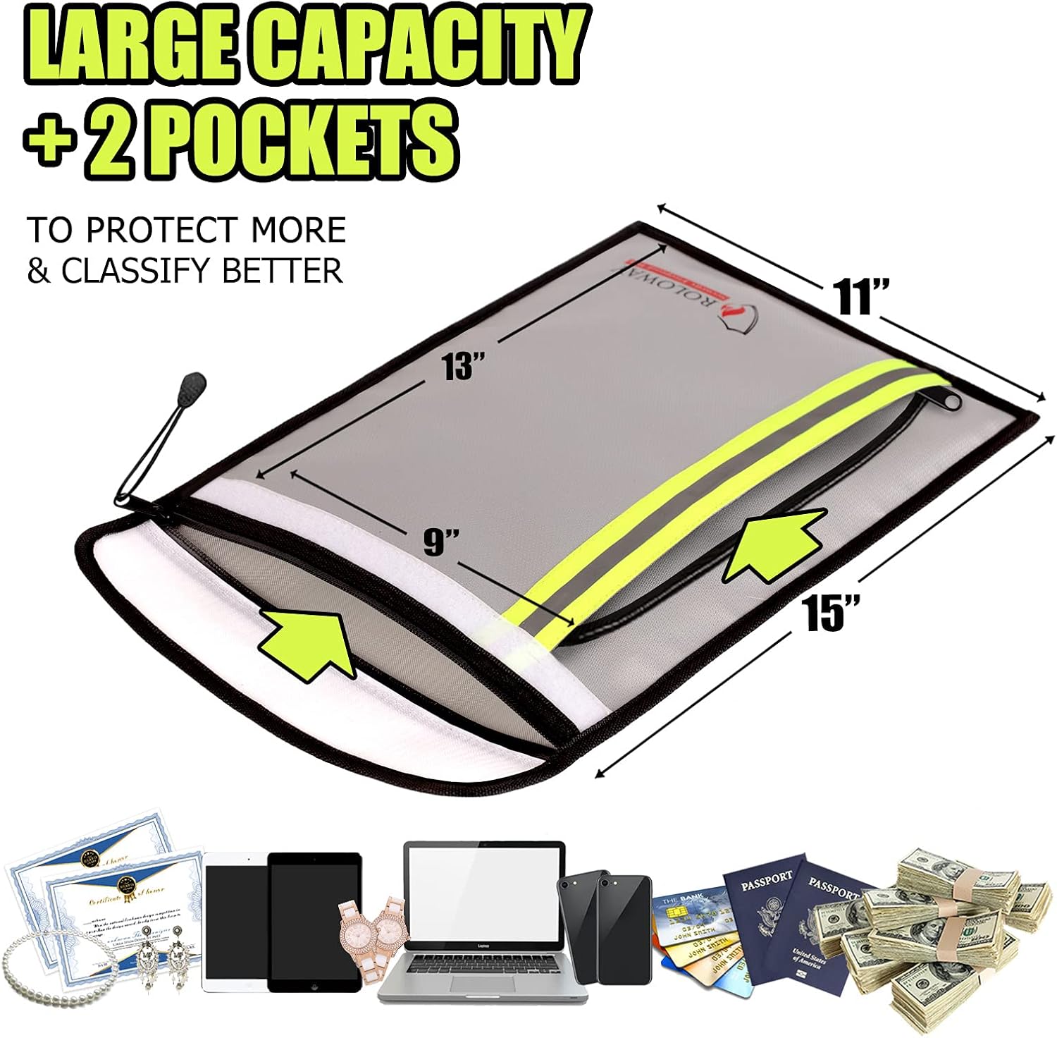 ROLOWAY Fireproof Document Bag (15 x 11 inch) with 2 Pockets & Waterproof Zipper, Fireproof Money Bag, Fire Safe Bag with Reflective Strip, Fireproof Envelope for Cash, Legal Documents Safe (Silver) : Tools & Home Improvement