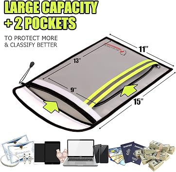 ROLOWAY Large Fireproof Document Bag with 2 Pockets & Fireproof Money Bag (4-Pack)