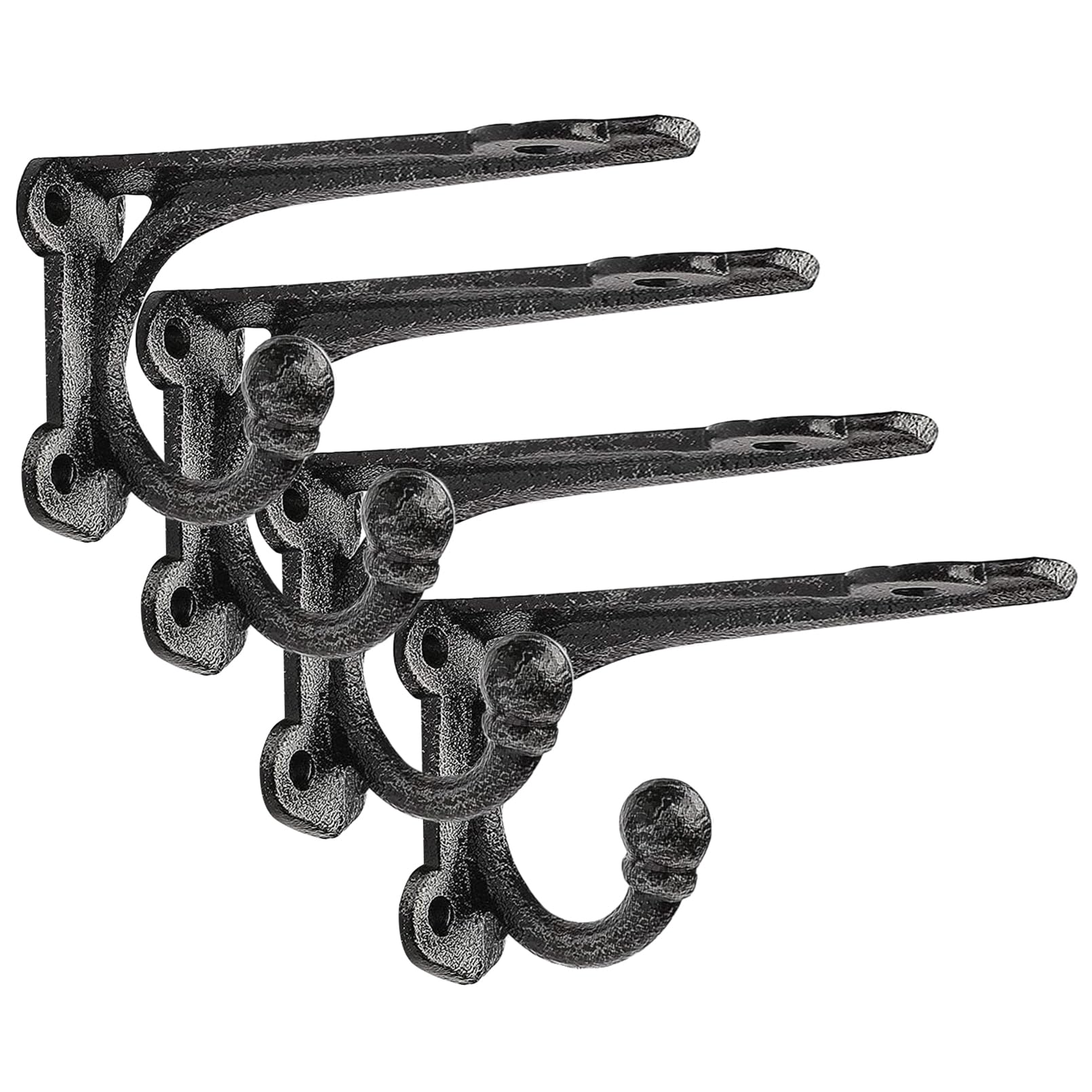 Cast Iron Shelf Brackets 4 Inch, 4 Pack Black Rustic Shelf Brackets with Hooks，Heavy Duty Floating Brackets Wall Mounted, Decorative Brackets for Wood Shelves