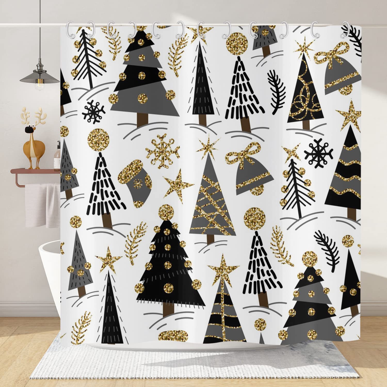 Christmas Shower Curtain, ASDCXZ Christmas Tree Snowflake Waterproof Shower Curtains for Bathroom, Golden Winter Home Decor Fabric Polyester Bathroom Curtains With 12 White Hooks, 180x220cm/71x87 Inch — image 1