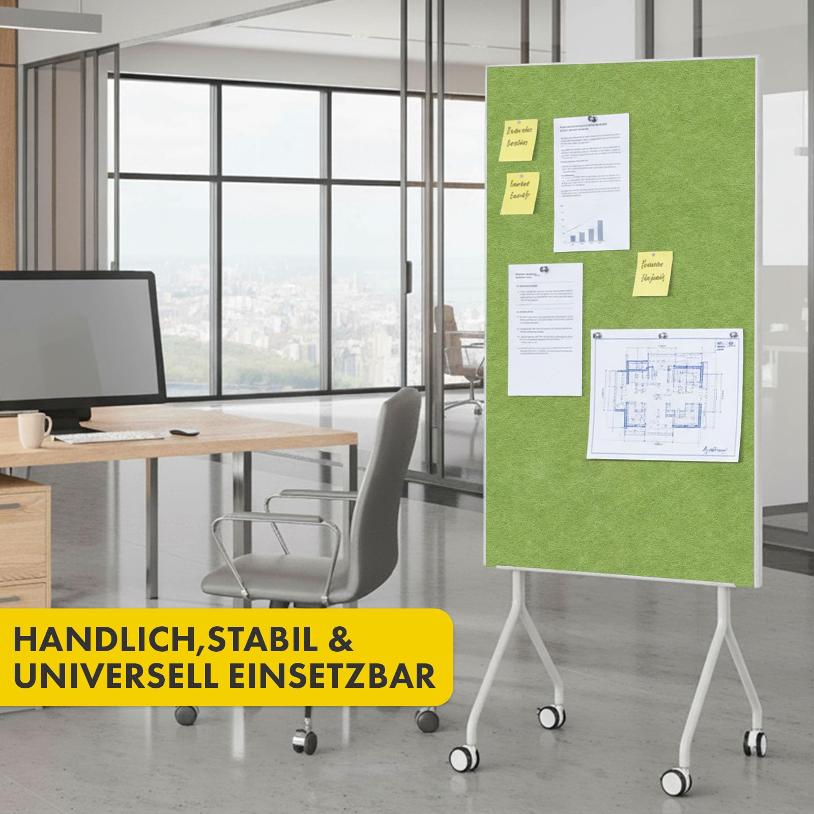 OfficeMarshal Moderationwand Doppelseitig 80 x 120 cm Präsentationstafel mit feststellbaren Rollen - Filztafel Pinnwand - Stabiler Metallrahmen - Giant (Grün)