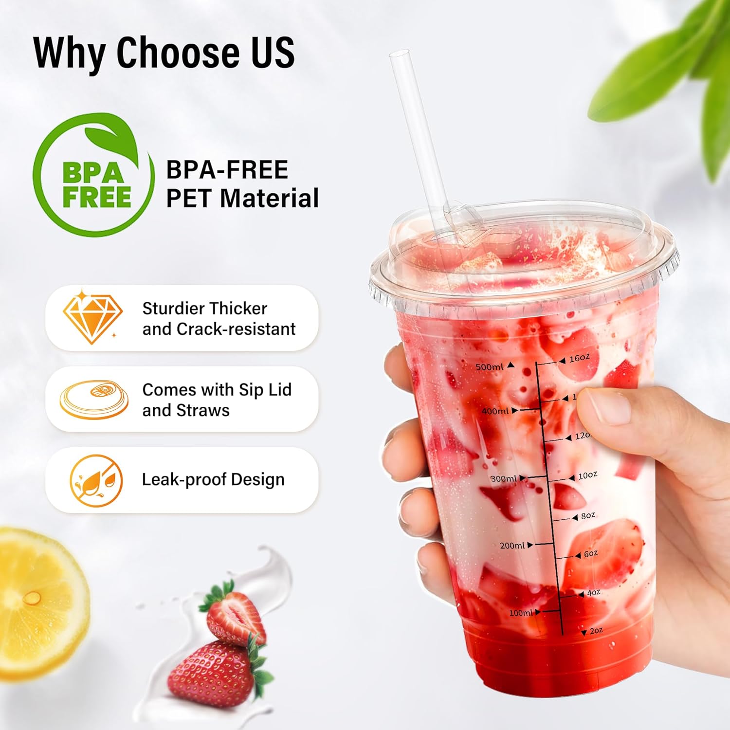 100 Pack - 16 oz Ratio Lines Iced Coffee Cups with Lids & Straws – No Guessing for Consistent Drinks, Disposable Clear Plastic Cups with Lids and Straws for Coffee, Smoothies, Juice, Parties Food Safe