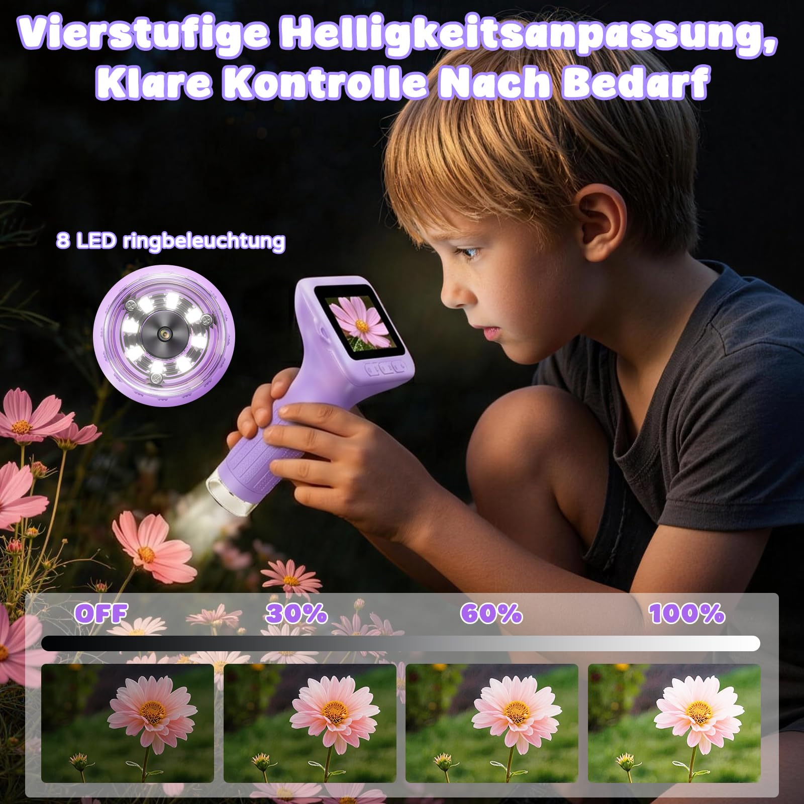 Digitales Mikroskop für Kinder 1000x Vergrößerung, Tragbares Mikroskop Kinder mit 3,0 Zoll HD Bildschirm, Fotofunktion und PC-kompatibel, Kindermikroskop für Garten, Wald & Outdoor (Lila)