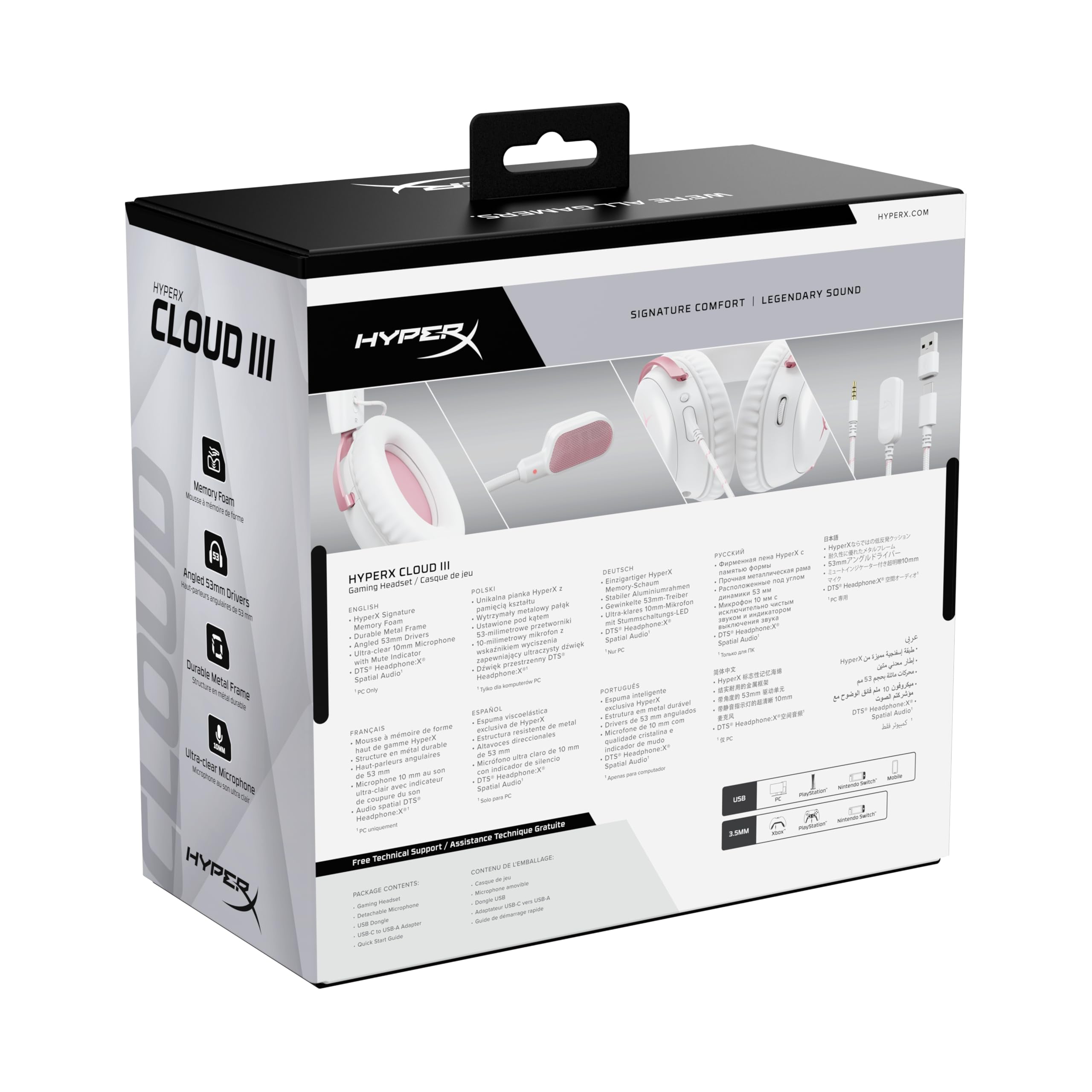HyperX Cloud III, Casque Gaming Filaire, PC/PS5/Xbox Series X|S, DTS Headphone:X, Haut parleurs inclinés 53 mm, Micro 10 mm antibruit, USB-C/USB-A/3,5 mm, Blanc et Rose