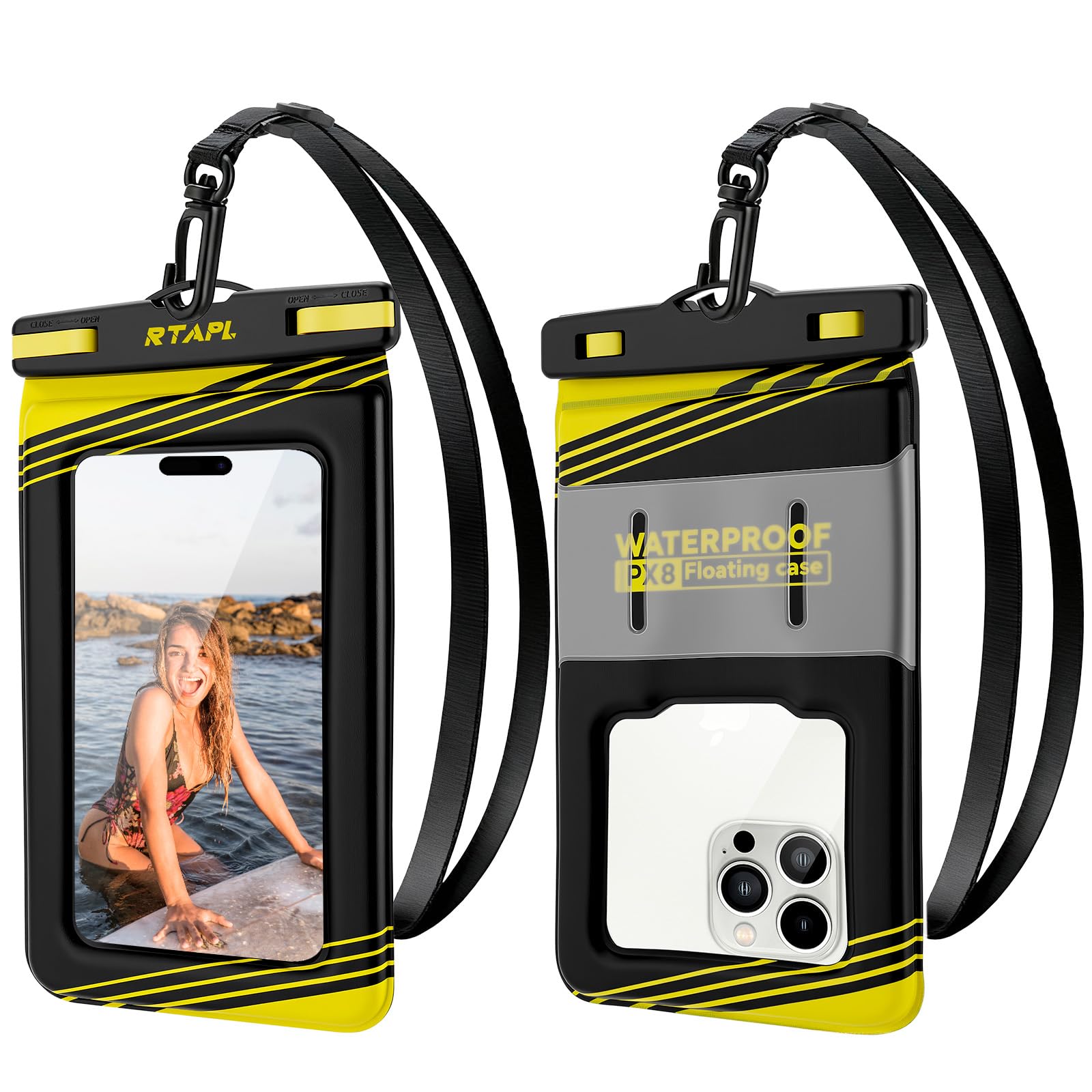 Universelle wasserdichte Handytasche, schwarz, für Smartphones, Touchscreen-kompatibel, Strand-Schwimmschutz, Schwarz und Gelb, 2 Stück