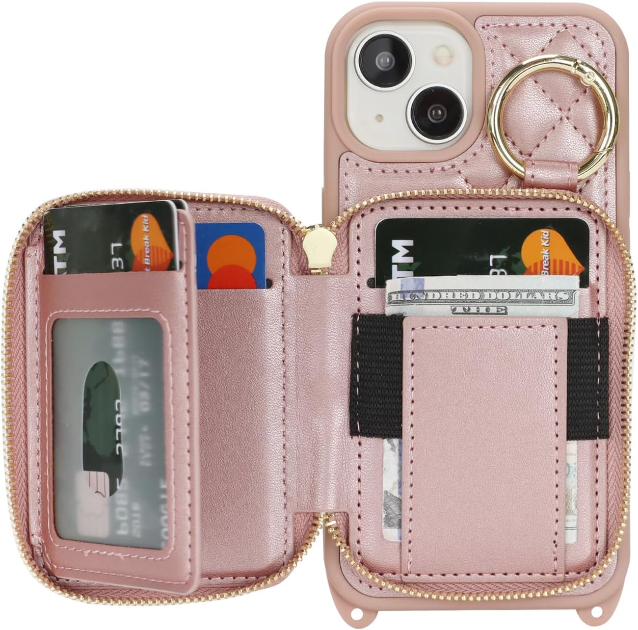 Crossbody Wallet Case for iPhone 14, PU Leather Zipper Handbag Purse Flip Cover, Kickstand Folio Case with Card Slots Holder Wrist Strap Lanyard 5G 6.1 Inch-Rose Gold - Image 6