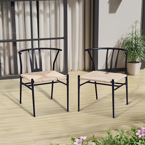 Miniatura 7 de VINGLI 4 sillas de comedor modernas de mediados de siglo, marco de metal resistente de 350 libras con asiento de ratán tejido a mano, sillas