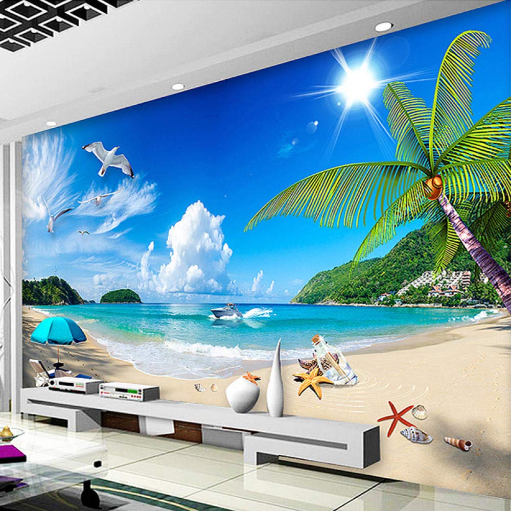Papier Peint Panoramique 3D Jess Art - Plage Océan Arbre Nuage - Autocollant Mural