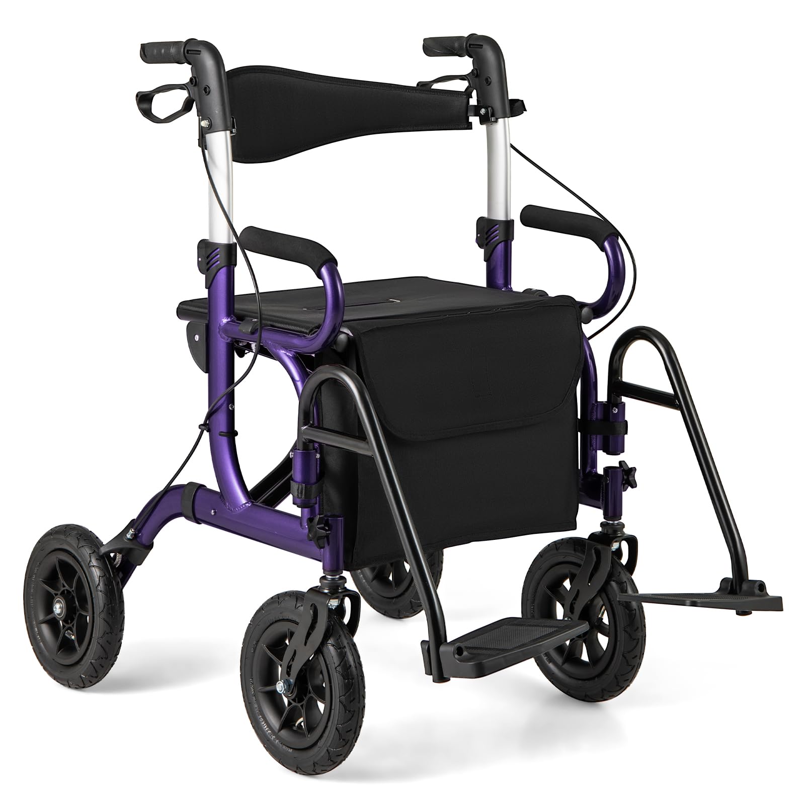 GOPLUS 2 en 1 Andador para Ancianos, Silla con Ruedas de Aluminio Ligero, Alturas Ajustables, Neumáticos para Todo Terreno, Caminadores para Mayores/Discapacitadas (Violeta)