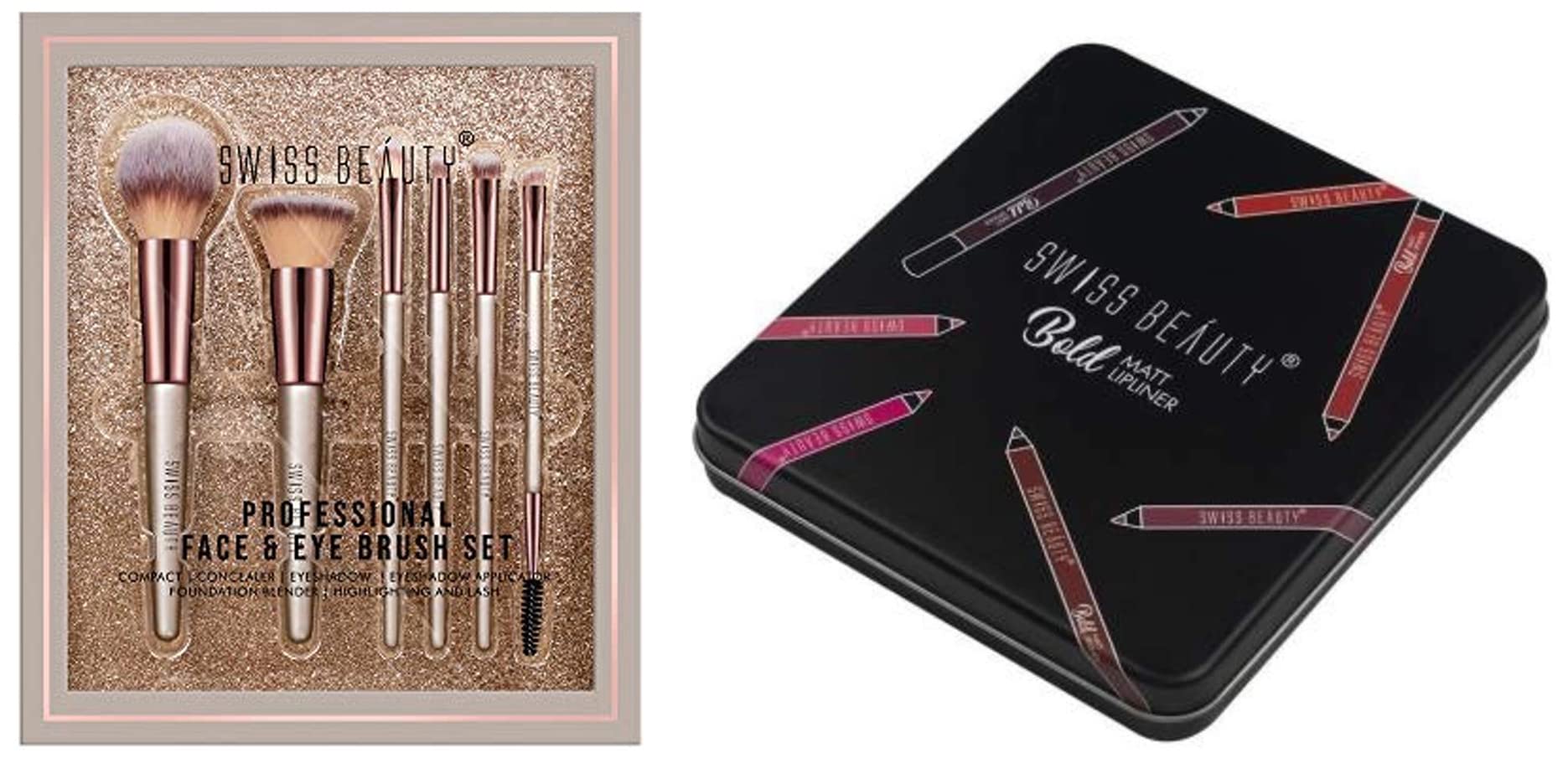 Swiss Beauty SB-F01, Professional Face Eye Brush Set, Silver, (Pack of 6) & Bold Matte Lipliner Pencil, Multicolor, (1.8g x12) Pack Of 12