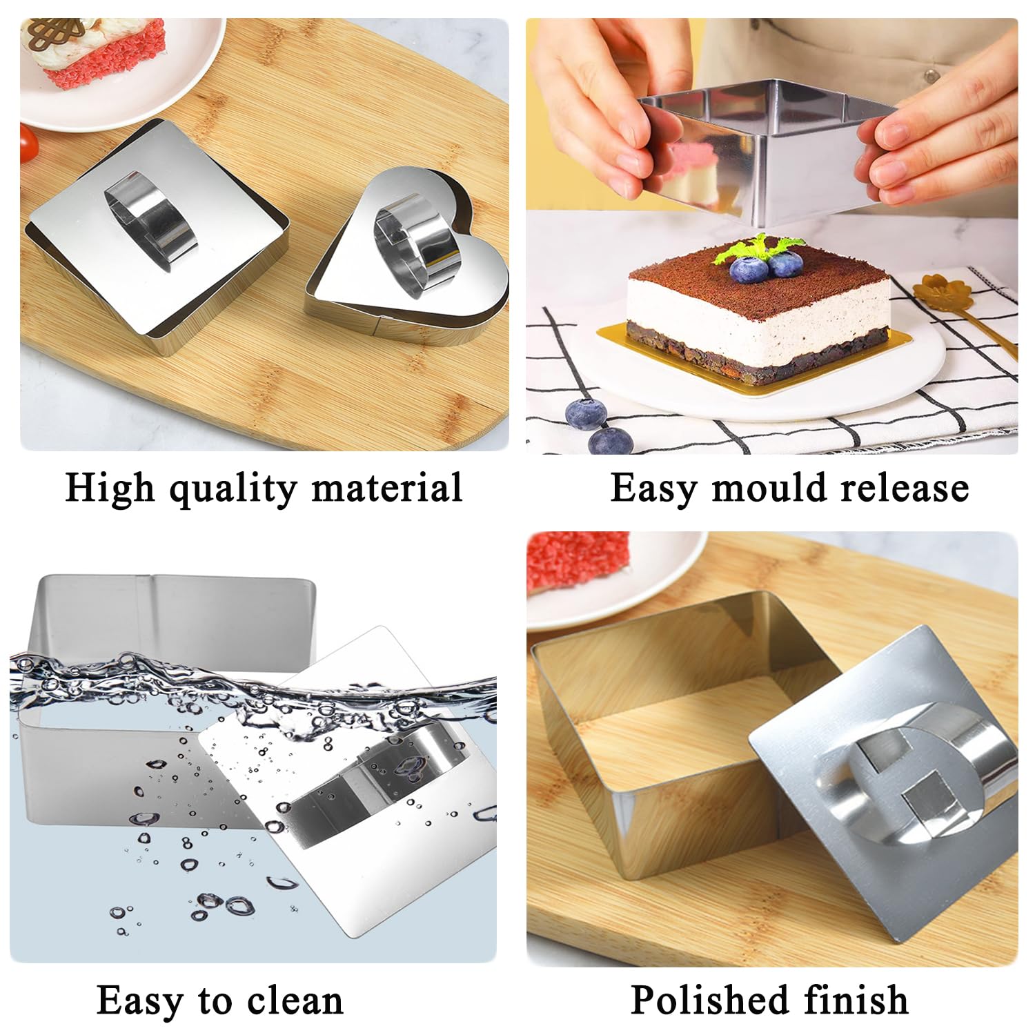 6 Pezzi Anelli da Dessert Quadrati, 8cm Anello per Torte, Acciaio Inossidabile Anello per Torte, Coppapasta con Coperchio, per DIY Torte Mousse Dessert Biscotti(Quadrati)