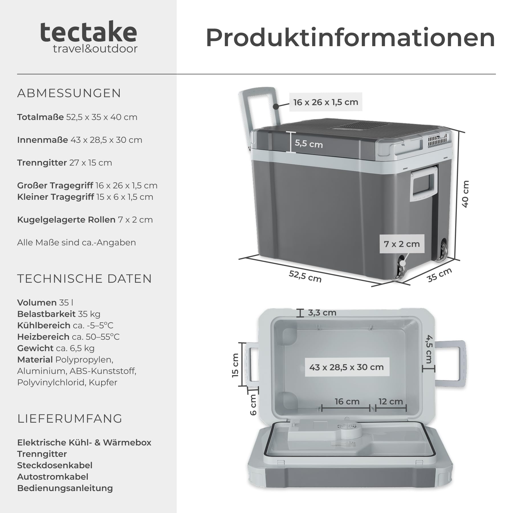tectake® 2in1 elektrische Kühl- und Wärmebox, 35 l Fassungsvermögen, 52,5 x 35 x 40 cm, mit ECO-Modus, leise, 230 V und 12 V für Steckdosen- und Autoanschluss, für Camping, mit Griffen und Rollen