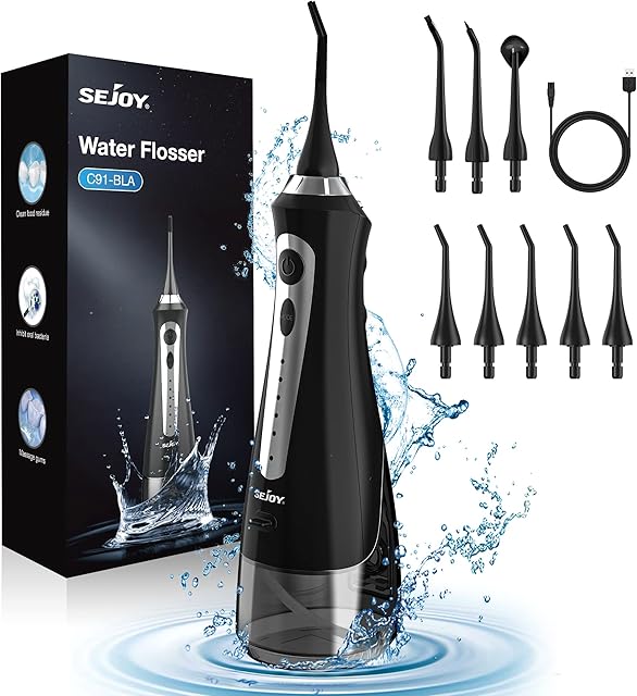 Sejoy Water Flossers for Teeth Cordless, Waterpik Water Flosser Rechargeable Portable, Oral Irrigator for Braces, 5 Modes and 8 Tips, IPX7 Waterproof, Detachable 230ML Water Tank, for Travel and Home