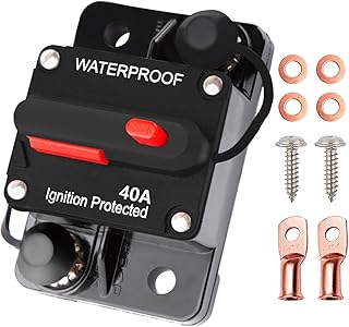 Tiwerlfe 40 Amp Circuit Breaker Manual Reset Waterproof Inline Fuse Inverter for Car ATV Marine Trolling Motors Boat Power Protect 12V-48VDC, with Wire Lugs Copper Washer Screw