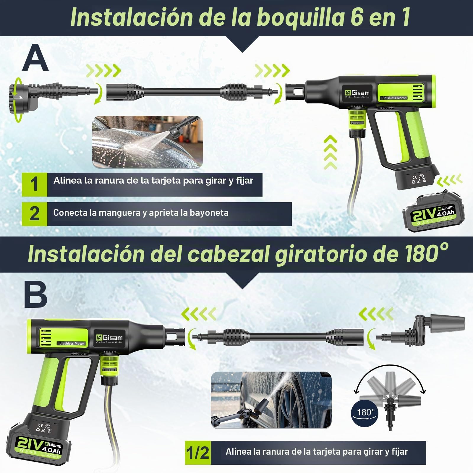 Hidrolimpiadora De Alta PresióN A BateríA 120bar, Pistola De Agua InaláMbrica con 2 BateríAs 4.0ah (Led), 6 En 1 Y Boquilla Giratoria 180° para Lavado De Coche, Fachadas Y Riego De JardíN