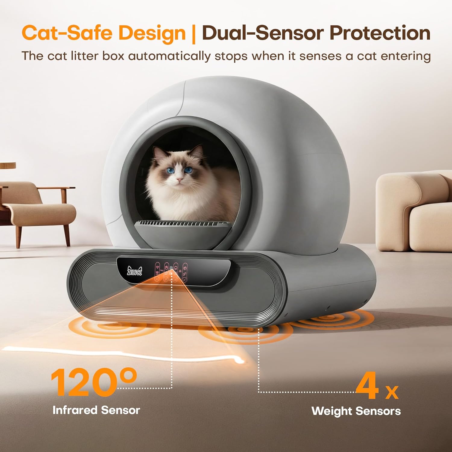 Automatic Cat Litter Box,Self Cleaning Litter Box,65L Automatic Cleaning Robot Litter Boxes,Gray Auto Litter Box with App Control,Self Cleaning Litter Box for Multiple Cats Kitty,Dual Safety Sensors