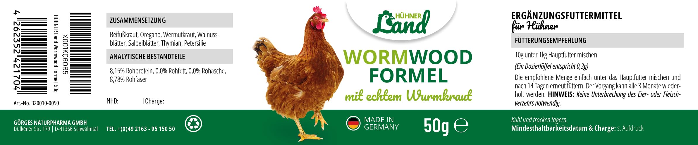 HÜHNER Land Wormwood Formel 50g Pulver – für Hühner & Geflügel, mit echtem Wurmkraut (Artemisia Absinthium) in rezepturbasierter Pflanzenformel, geeignet für Hühner