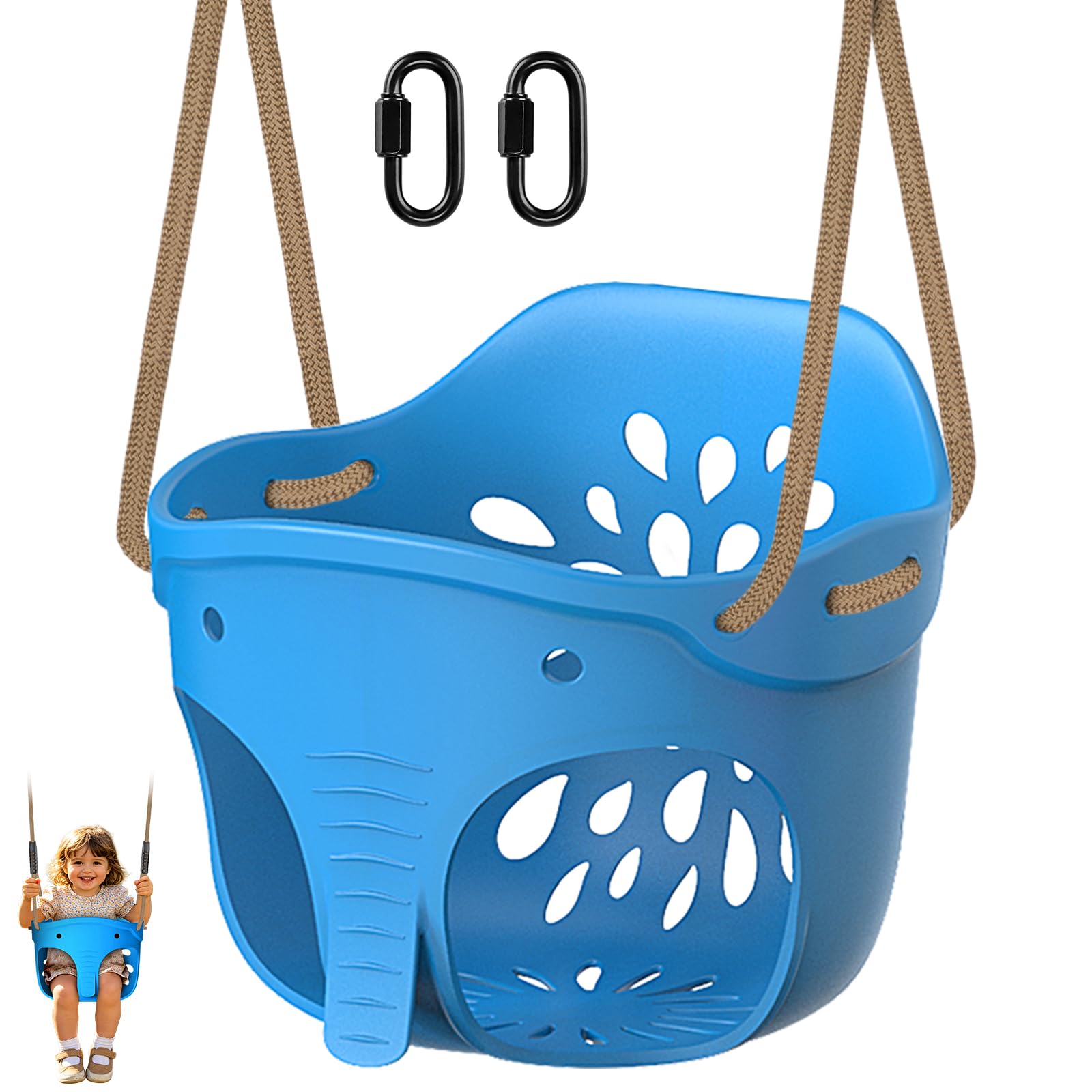 SELEWARE Blue High Back Full Bucket Toddler Swing Seat w/Adjustable Ropes