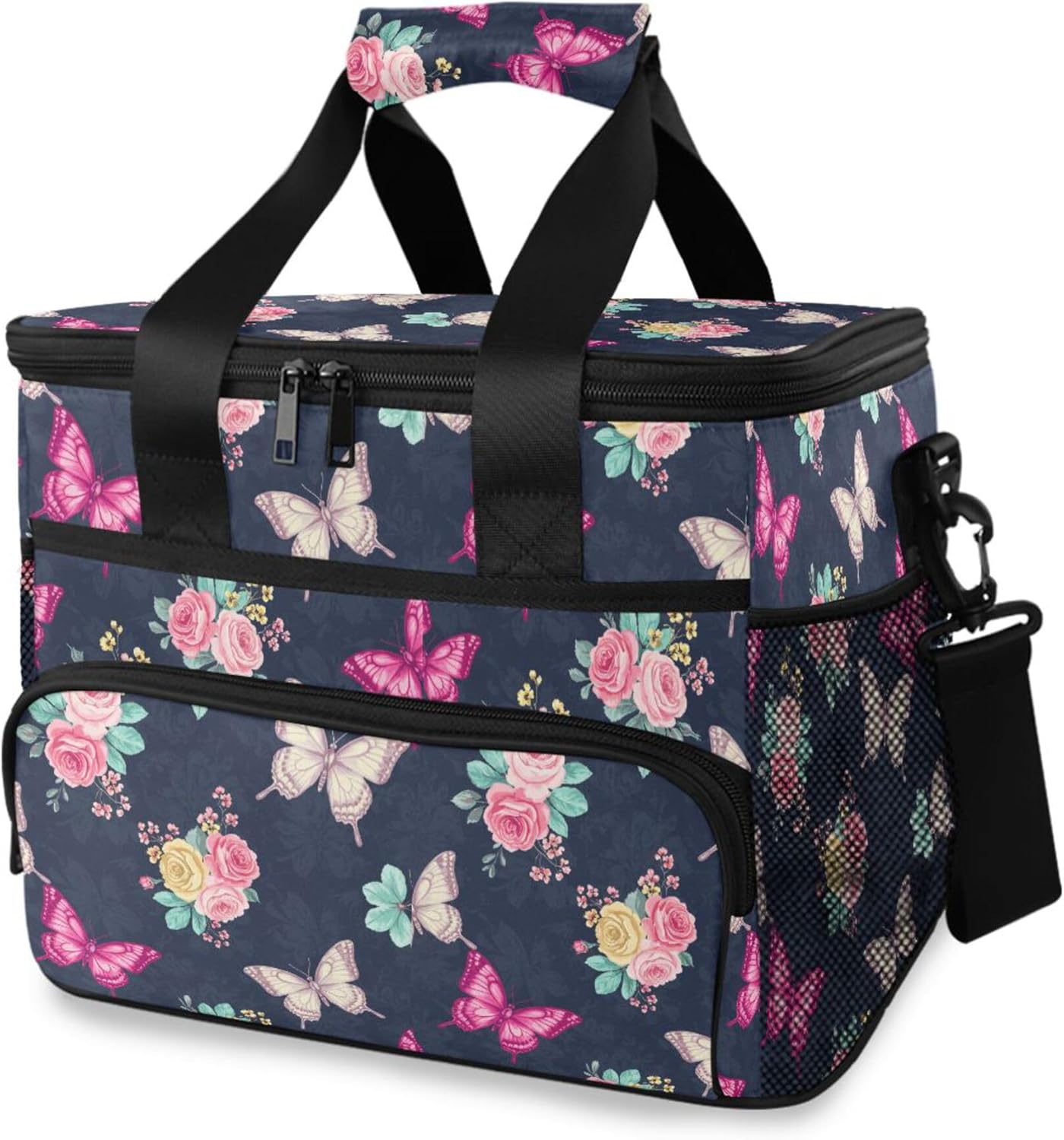 MNSRUU Cooler Bag Floral Butterflies Roses Lightweight Insulated Picnic Bag for Beach Outdoor Activities Portable Lunch Totes Picnic Accessories with Zipper Adjustable Shoulder Strap