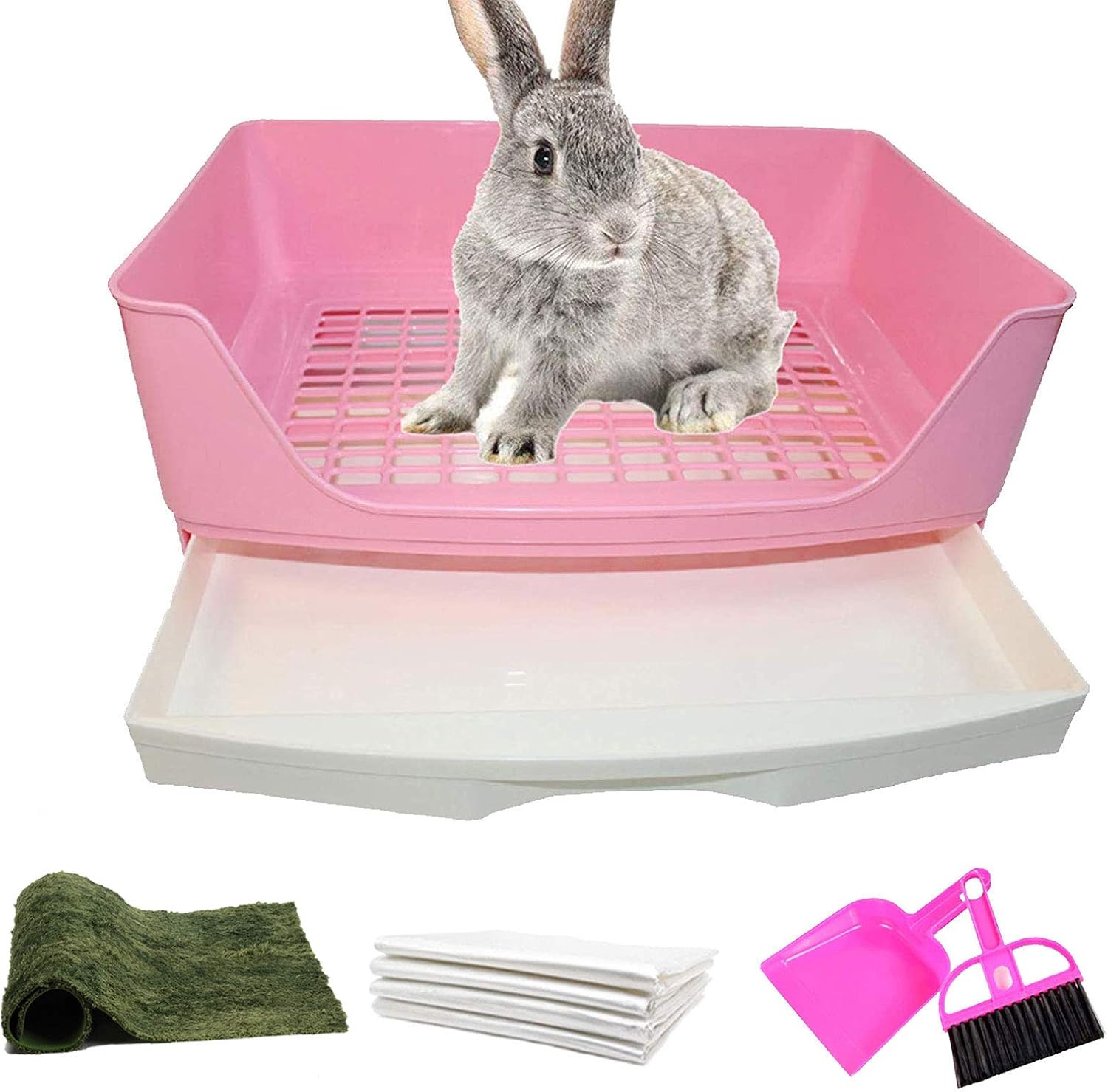 PINVNBY Large Rabbit Litter Box Corner Toilet Box Bigger Pan Pet Potty Trainer with Drawer for Adult Bunny Guinea Pig Chinchilla Ferret Galesaur Hedgehog Small Animals(Pink)
