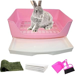 PINVNBY Large Rabbit Litter Box Corner Toilet Box Bigger Pan Pet Potty Trainer with Drawer for Adult Bunny Guinea Pig Chinchilla Ferret Galesaur Hedgehog Small Animals(Pink)