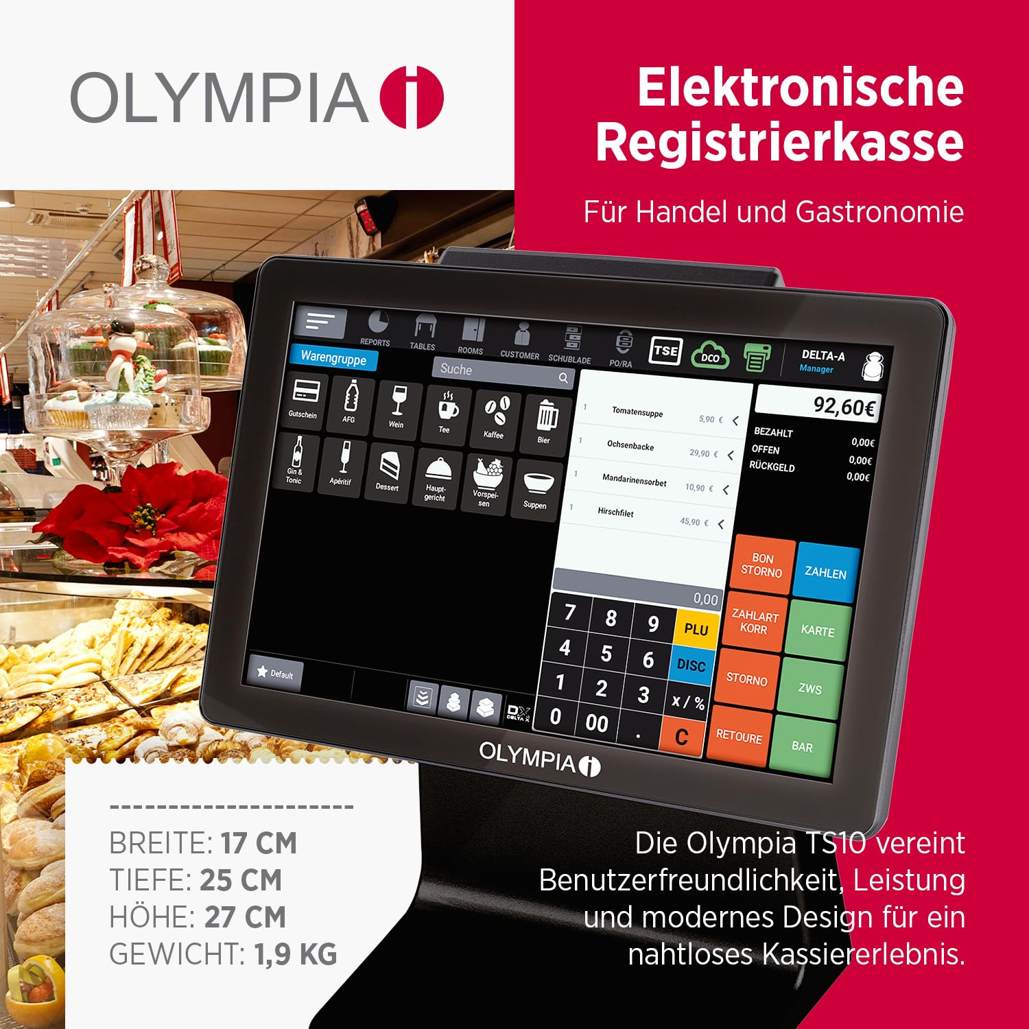 Olympia TS10 Touchscreen Kassensystem 10,1 Zoll Android Kasse mit Scanner Kundenanzeige