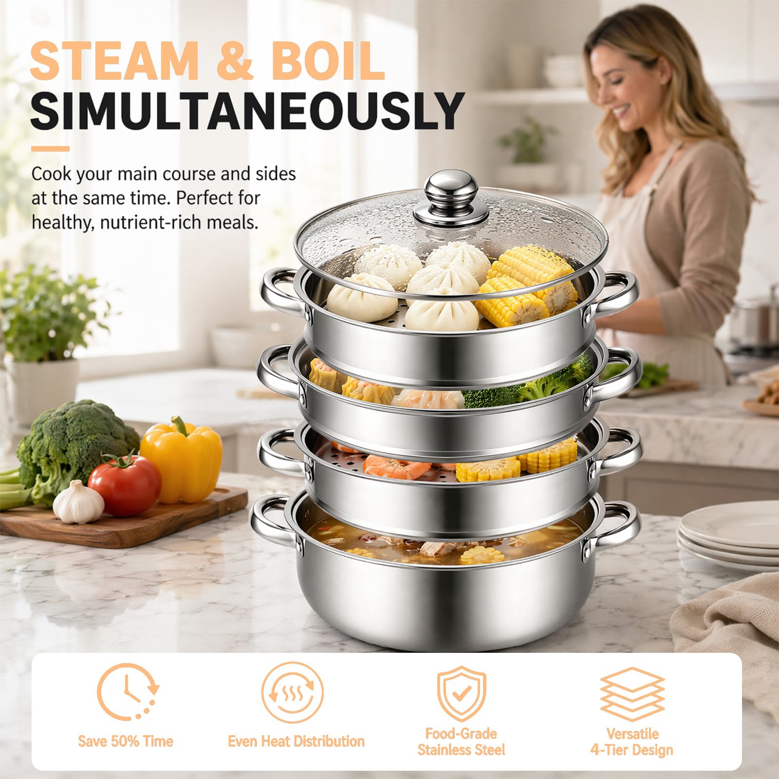 28 cm Dampftopf-Topf mit Dampfgareinsatz, 3/4-Regalkocher mit Deckel, Edelstahltopf, Nudeltopf mit Sieb zum Kochen von Gemüse, Meeresfrüchten, Suppen, Eintöpfen und Nudeln (Vier)