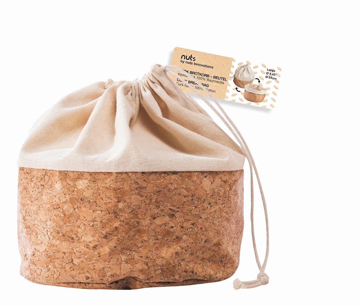 Nuts Textiler Kork Brotbeutel mit Kordel | Grösse L | Brotsack | Brot nachhaltig aufbewahren | Als Aufbewahrung von Brot | Plastikfrei | Brotkorb