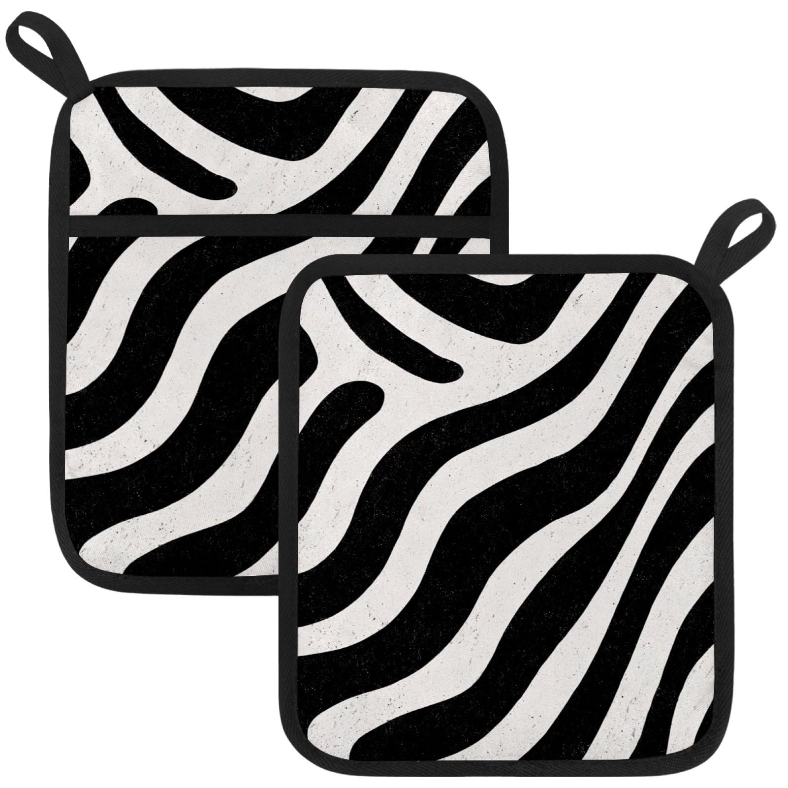 VAPOKF Zebra Pattern Heat Resistant Pot Holders, Thick Pot Holders Pad with Hanging Loop for Kitchen, Oven Cloth Pads for Kitchen Baking Microwave Oven