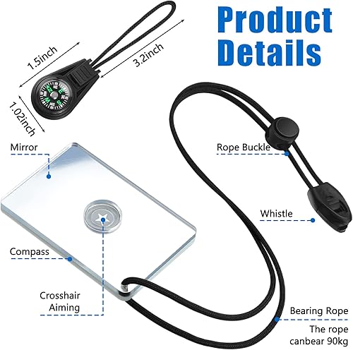 Miniatura 3 de Espejo de señal de 2 piezas de supervivencia para campamento, 2 x 3 pulgadas, silbato de rescate PFD con 2 mini brújulas para senderismo, camping,