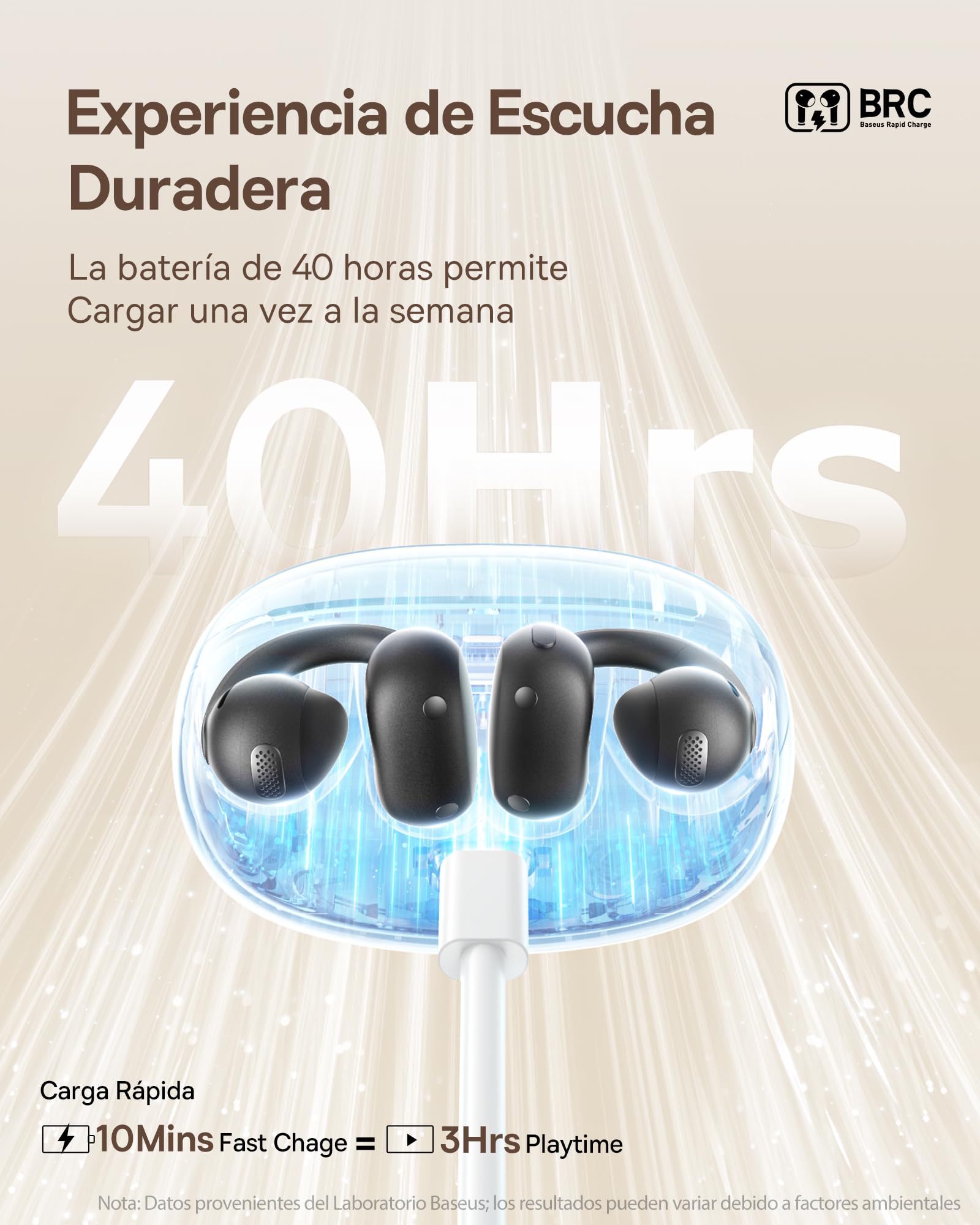 Baseus MC1 Blanc Auriculares Abiertos, Auriculares Bluetooth con Clip | 40H de Autonomía, Calidad de Sonido HiFi Bass Ai, Cómodos & Ligeros 5,2 g, IP57 contra el Polvo & el Agua