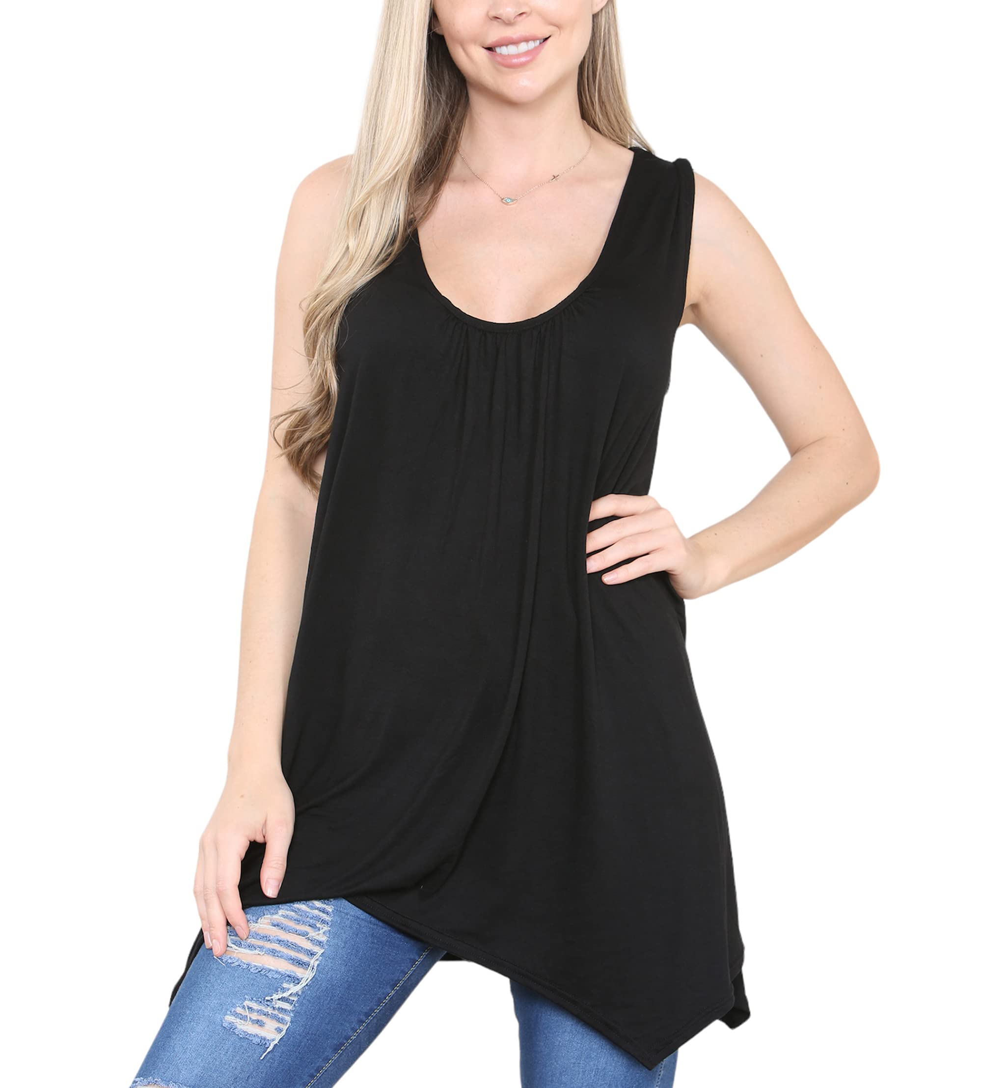 Loxdonz Women's Black Tank Tops For Casual Flowy Summer Tank Tops Sleeveless Tunic Camisoles Hanky Hem Flared Swing Blouse Shirts (As8, Alpha, M, Regular, Regular, )