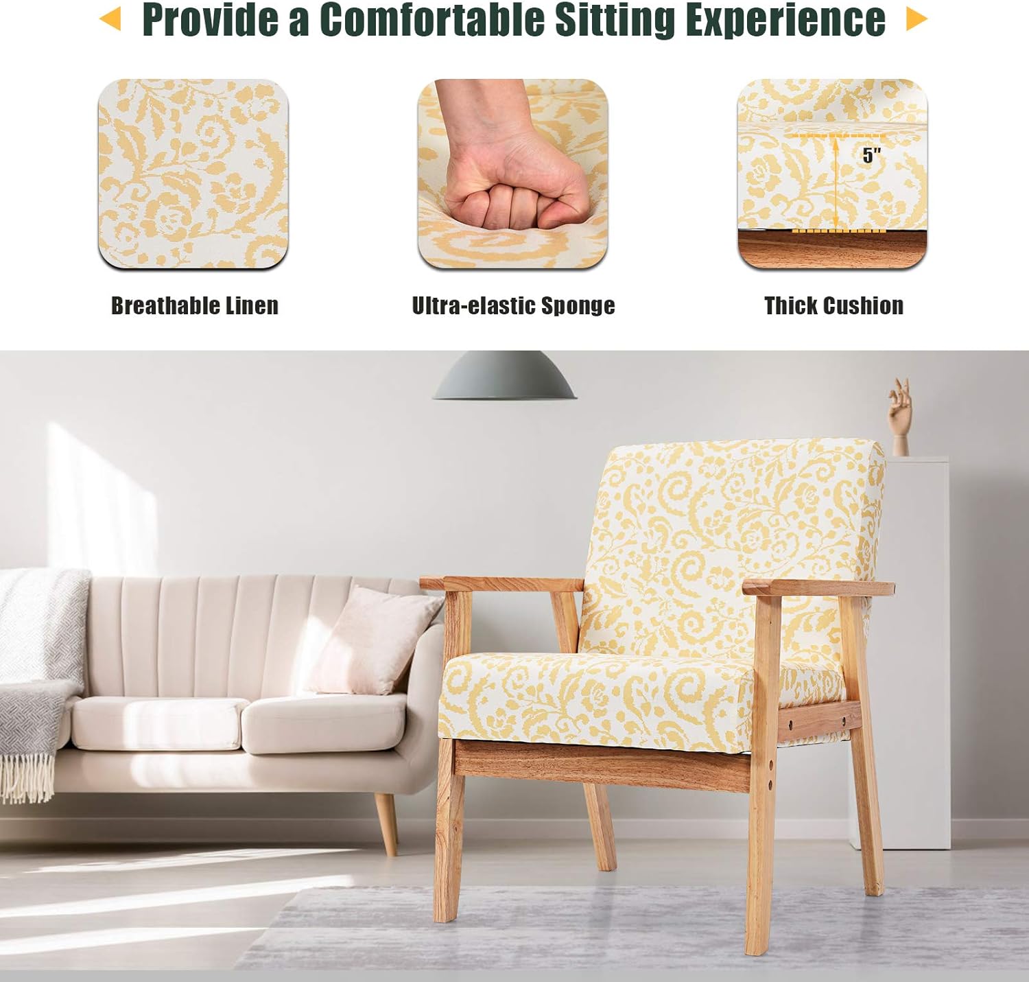 Giantex Mid Century Accent Arm Chairs, Set of 2 Fabric Modern Armchairs w/Rubber Wood, Pretty Pattern, Soft Sponge, Decorative Retro Accent Chairs for Living Room