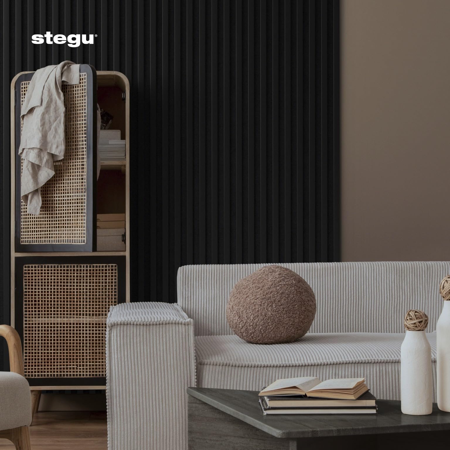 STEGU Panneau Acoustique Mural Tasseau Bois Grand Format 240x60cm Noir
