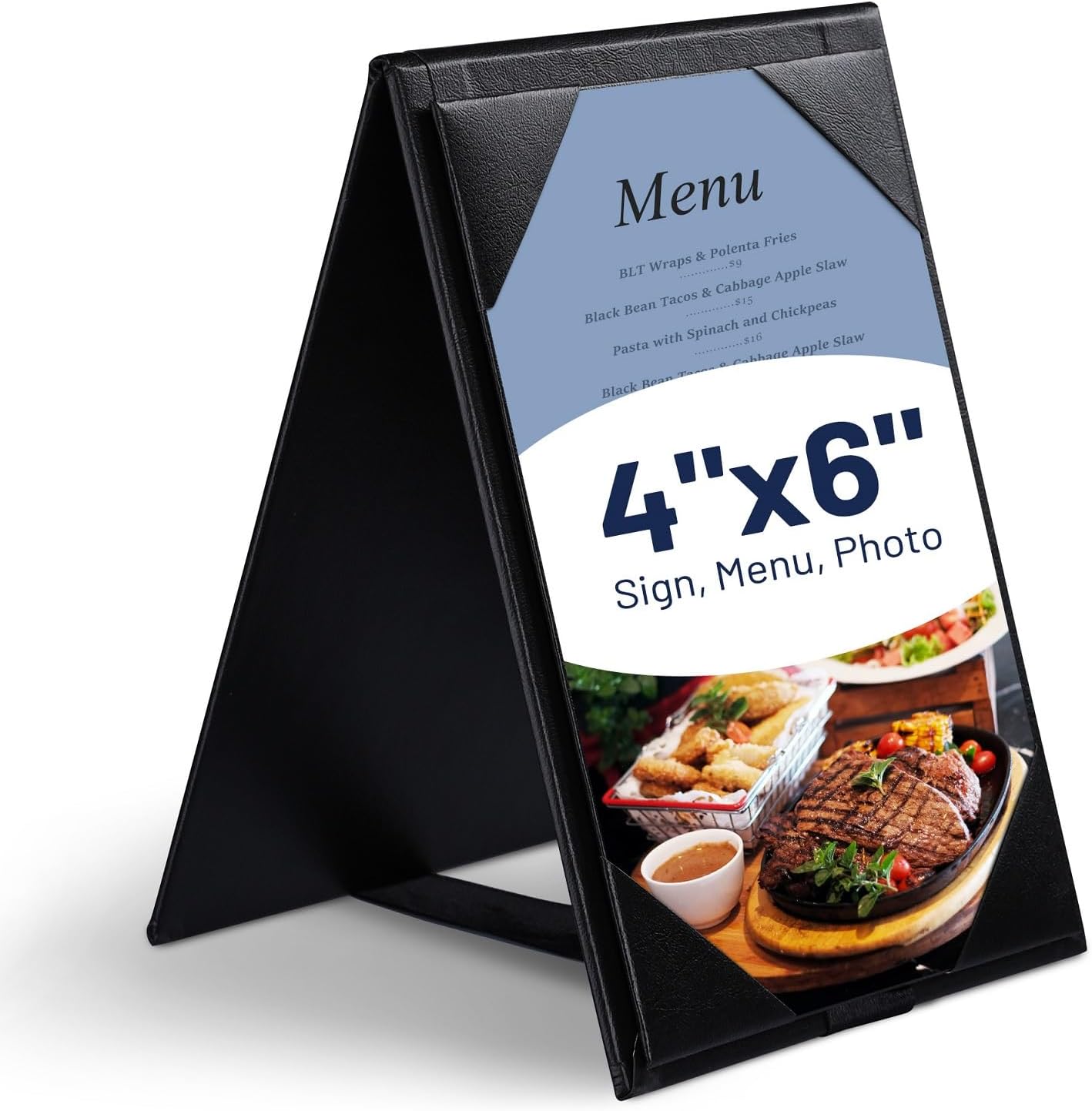 10 Pcs 4x6inch Double-Sided Table Tent Menu Holder, Black Leatherette Menu Cover, 2 Views Menu Sign Holders for Restaurant Cafe Bar Wedding Drink Dessert (2 Views)