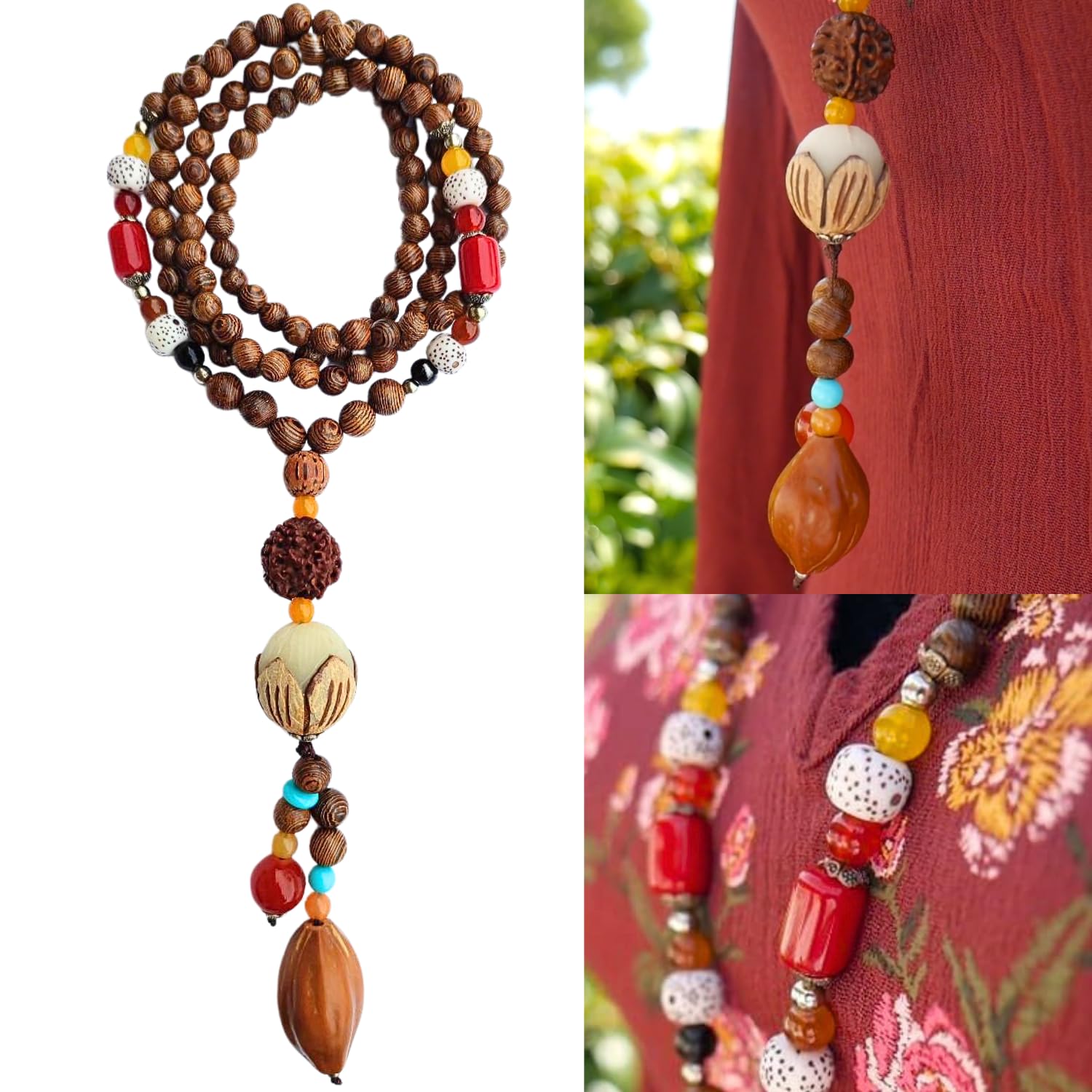 Collares de cuentas bohemias para mujer, colgante largo, cuentas de madera de piedra, hecho a mano, collar de madera para mujer, joyería bohemia, Madera, Cuentas