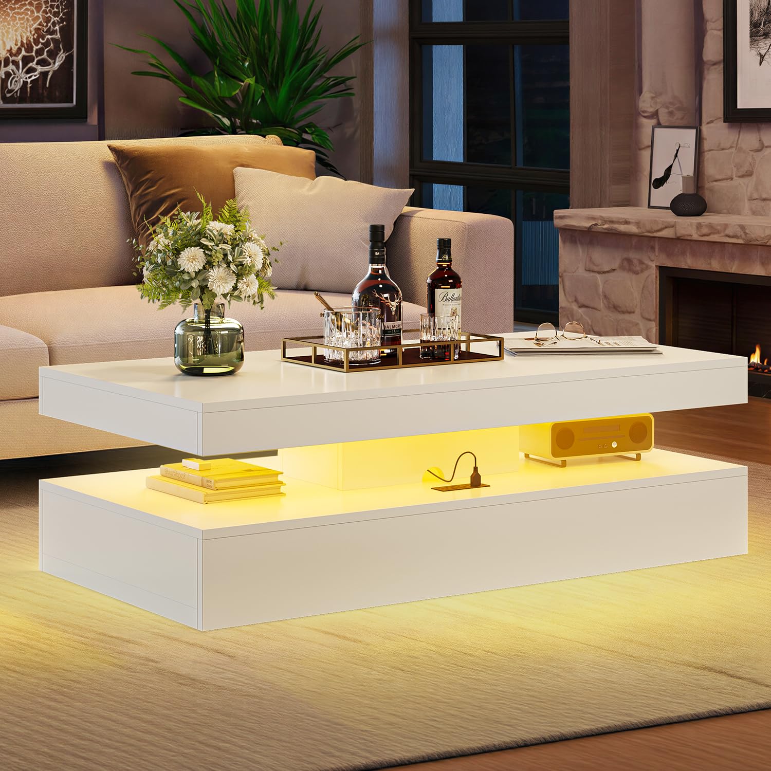 47" High-Glossy LED Coffee Table with 2 Sliding Drawers, Living Room Storage Coffee Tables, Modern Stylish Double-Layer Center Tables with LED Lights, White
