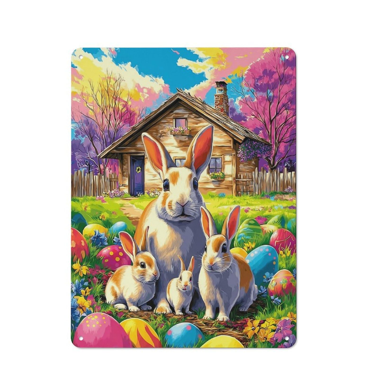 Junmoney Easter Bunny Family Scene-2 Tin Wall Plaque 40X30cm With For Kitchen Or Home Bar, Suited To Kitchen Decor Lovers