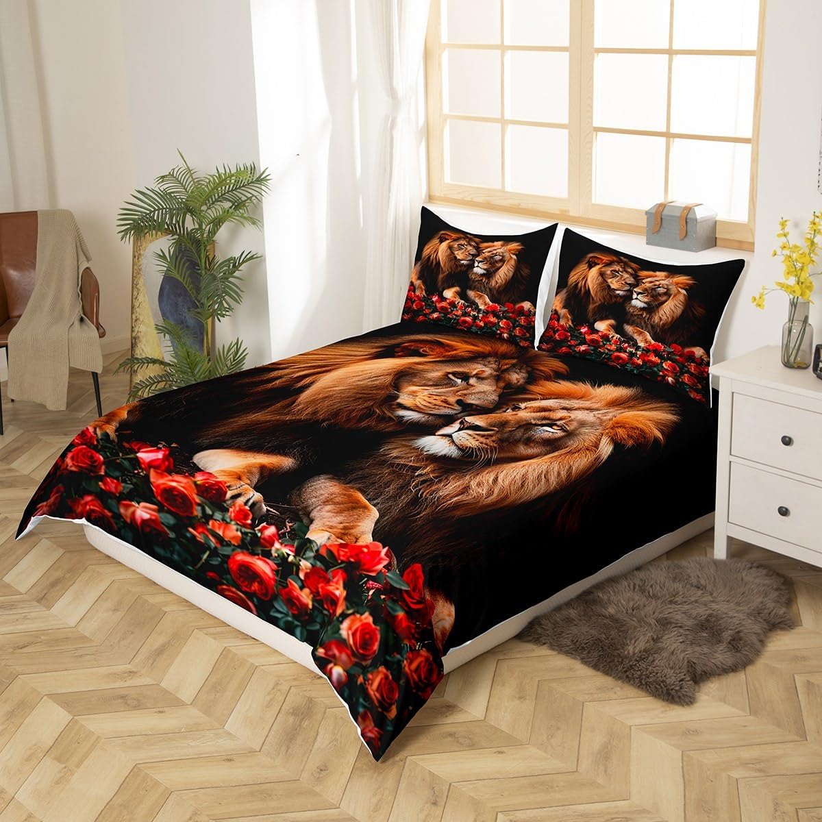 Manfei Wild Lions Duvet Cover,Nature Wildlife African Animal Print King Size Duvet Cover for Kids Adults,Red Roses Romantic Flowers Nature Couples Soft Comforter Cover(No Filler) with Zipper Closure