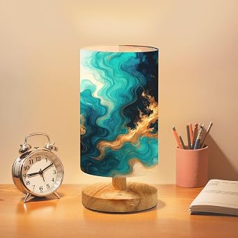 Bedside Table Lamp Pastel cyan mint liquid marble watercolor gold lines brush stains Teal Dimmable Desk Lamp with Flaxen Fabric Shade Wood Base Nightstand Small Lamp for Bedroom Living Room Home