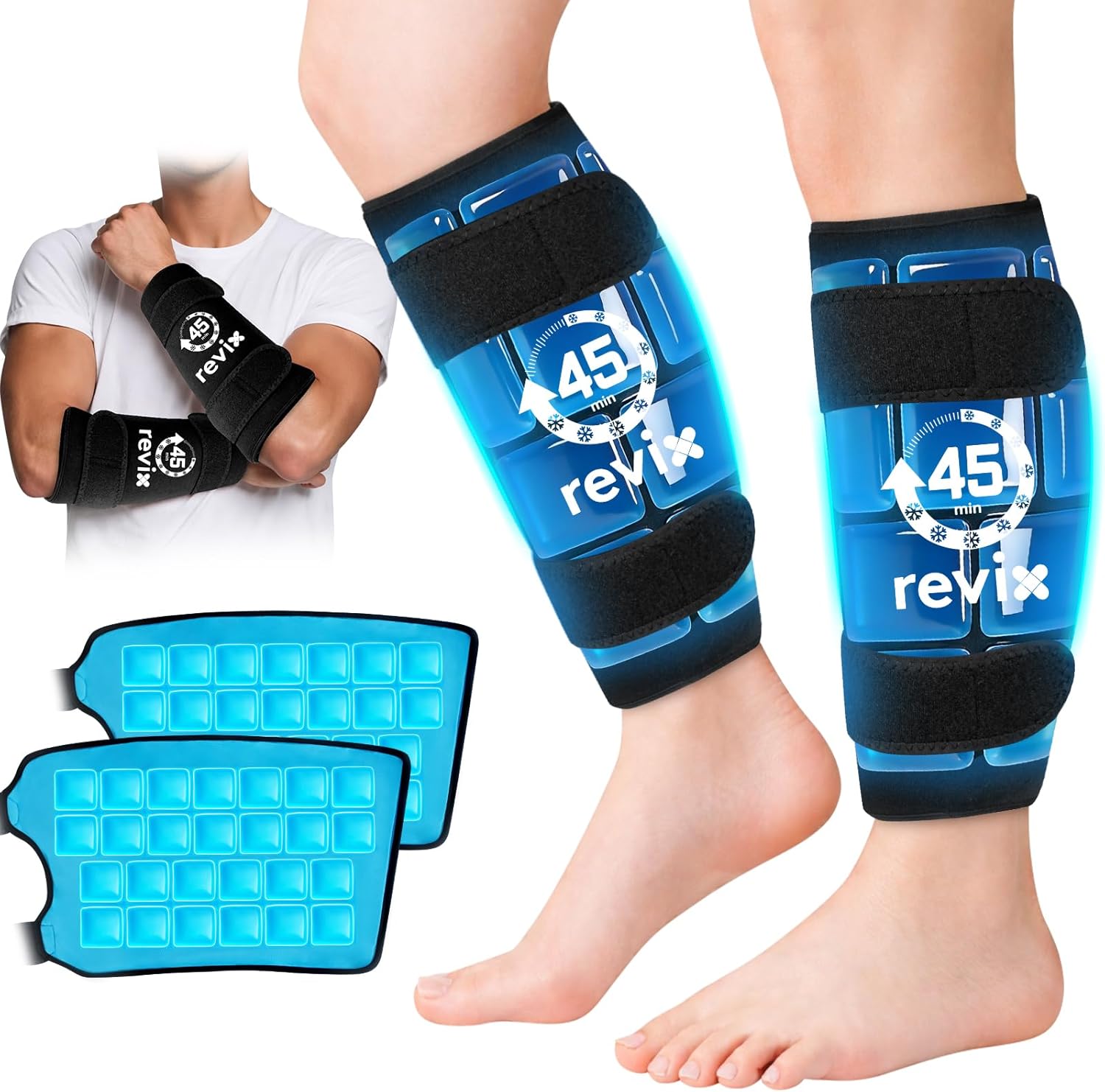 REVIX Calf Ice Packs for Shin Splints Relief, 45-Min Long Lasting Ice Packs for Injuries Reusable with Ice Grid Design, Cold Therapy Compression Sleeves for Soothing Leg & Arm Discomfort, 2 Packs