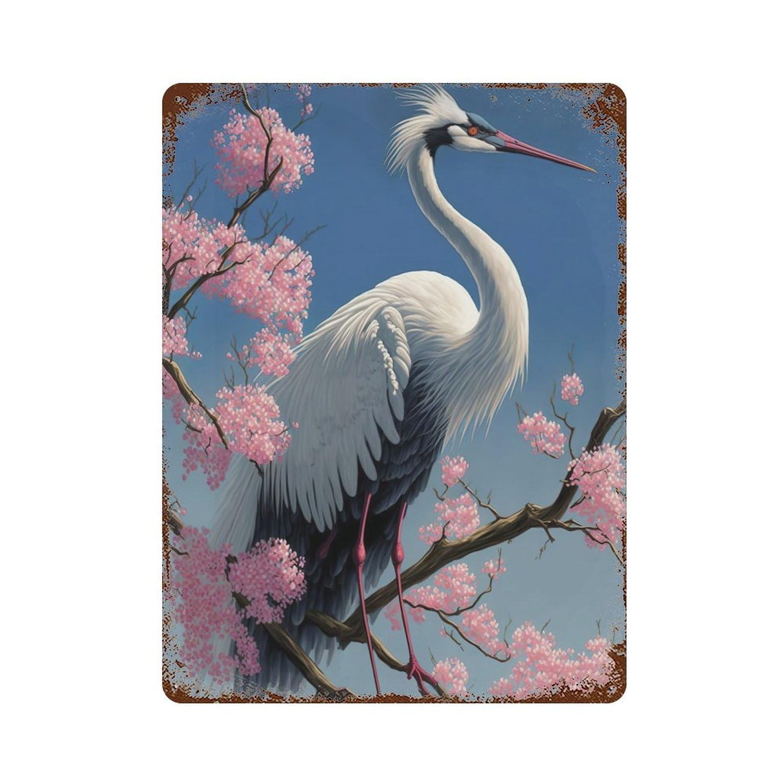 Garage Style Crane Sakura Flowers Japan Rusty Metal Tin Sign 15.7"x11.8", Farmhouse Wall Decor for Bar And Workshop