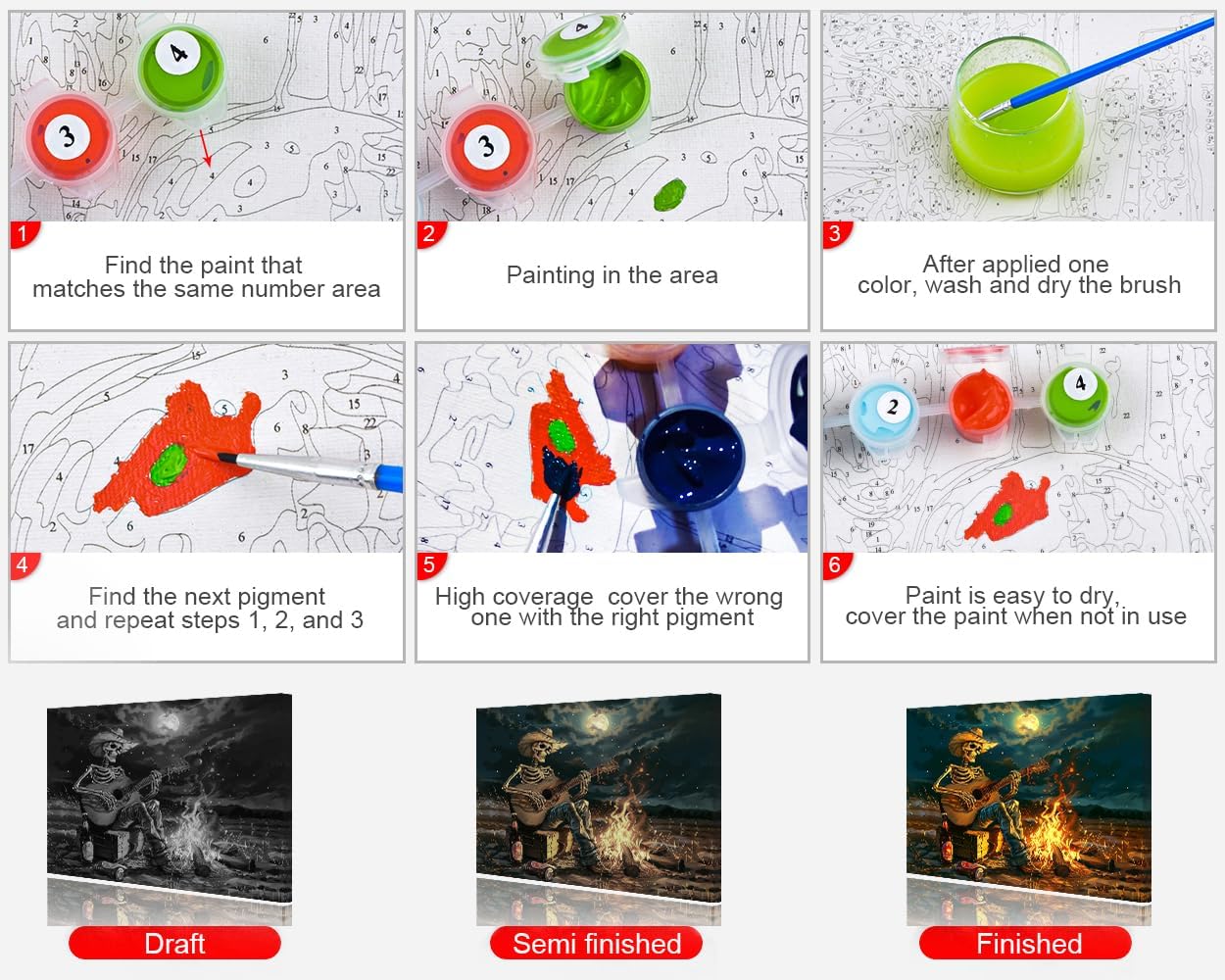 TUMOVO Paint by Numbers for Adults Skeleton Painting by Numbers for Adults Skeleton Playing The Guitar by The Bonfire Adult Paint by Number Kit Unique Gift for Adults - 16"x20", Framed