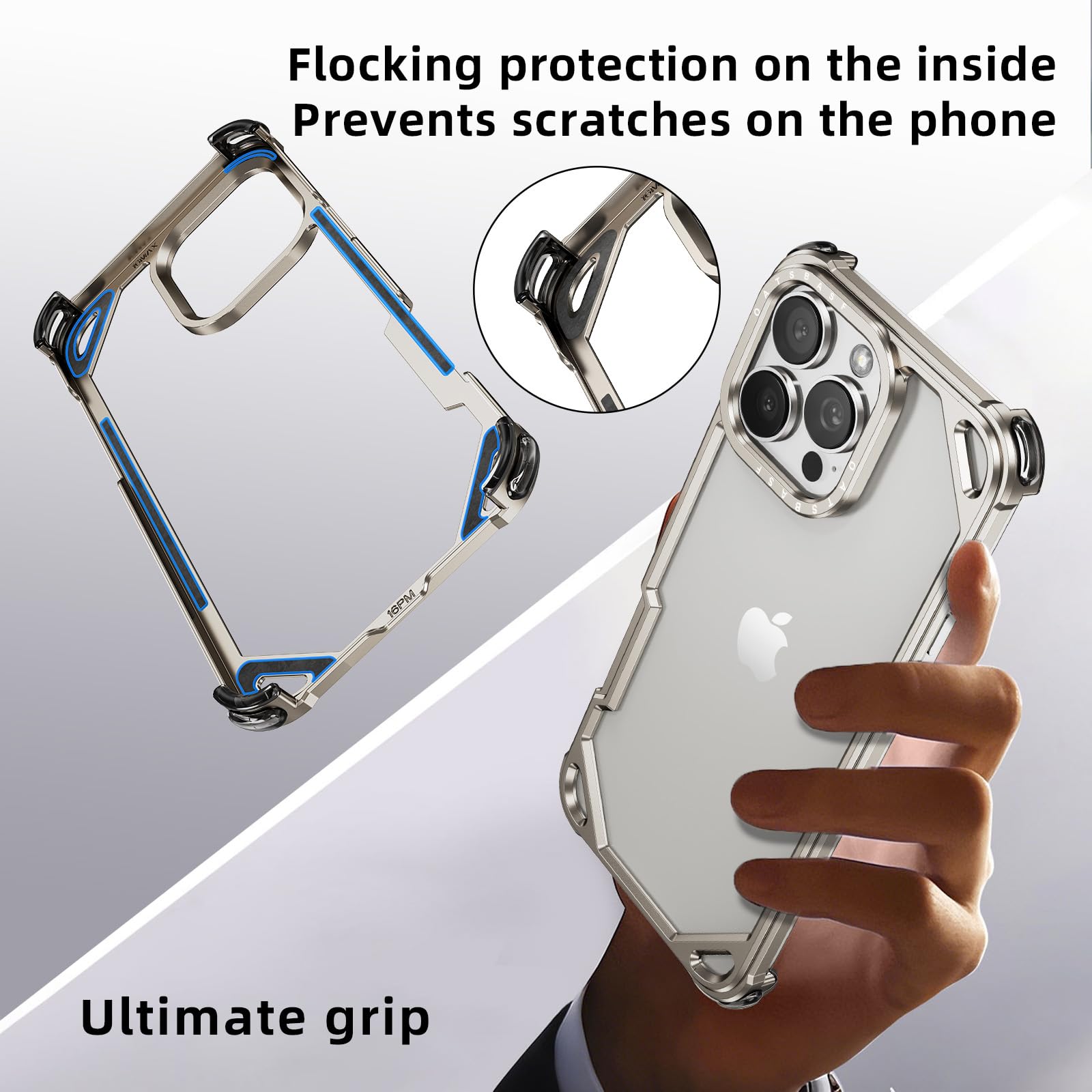 Custodia antiurto per iPhone 16 Pro Max, in alluminio sottile e sottile, senza design posteriore, con MagSafe, 4 airbag angolari antiurto, senza cornice, per iPhone 16 Pro Max (argento)