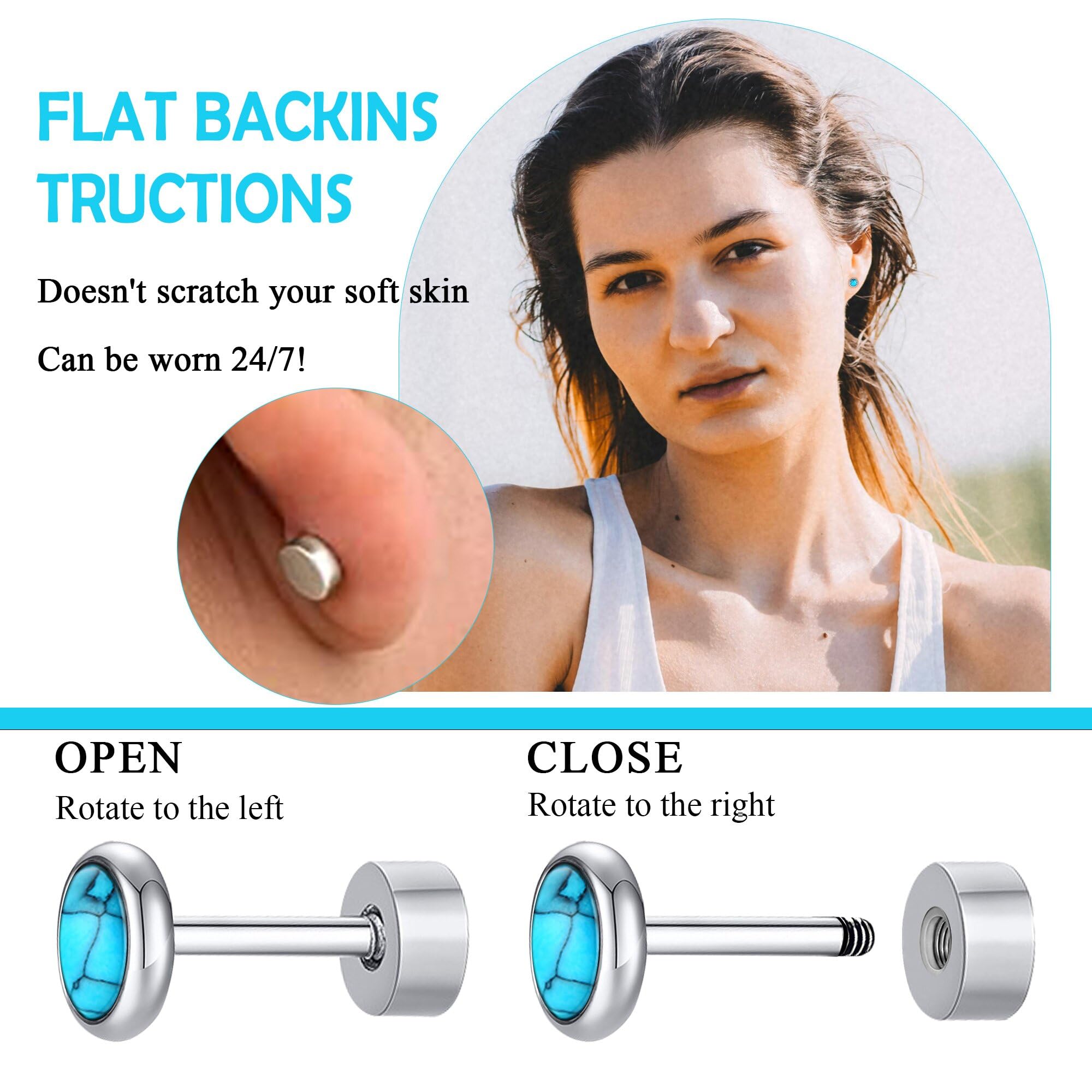 FACOKO Orecchini a bottone da donna in titanio con fondo piatto Lapislazzuli/Occhio di tigre/Ametista/Avventurina/Giada orecchini in titanio ipoallergenici