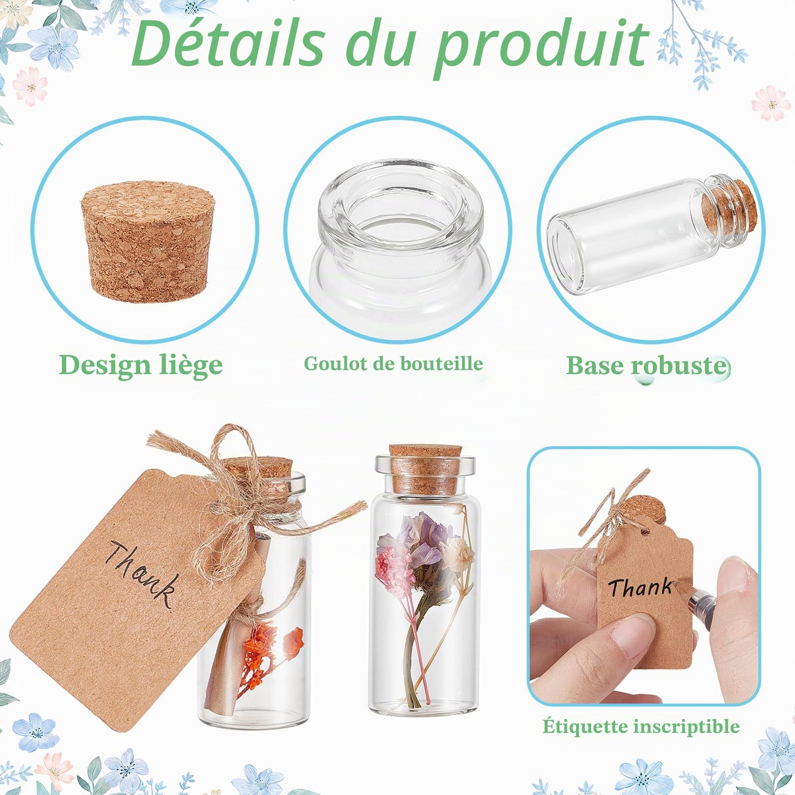 Lot de 200 Mini Flacons en Verre Transparent de 10 ml avec Bouchons en Liège, Étiquettes et Ficelle, Bouteilles à Vœux pour Loisirs Créatifs et Décoration d’Halloween