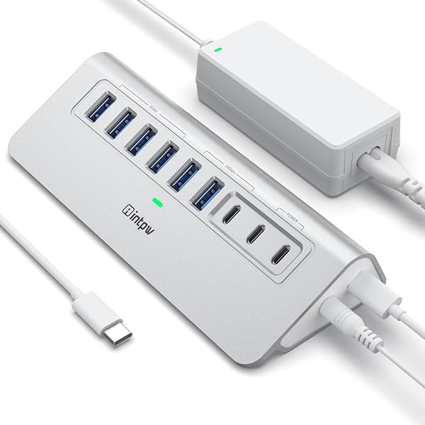 Intpw Powered USB Hub 10Gbps, 9-Port USB 3.2/USB C Hub, 65W Power Adapter