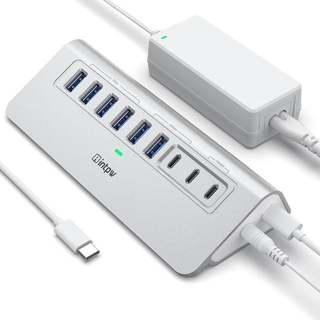 Alimenté USB Le centre, Intpw 9-Port USB 3.2/USB C Hub avec 10Gbps, 4*USB 3.0 + + 3*USB 3.2 ,2*45W PD Ports chargés, 3.3FT câble + 65W Adaptateur d'alimentation en aluminium USB Hub pour PC, Ordinateur portable,iphone17/16/Macbook Neo