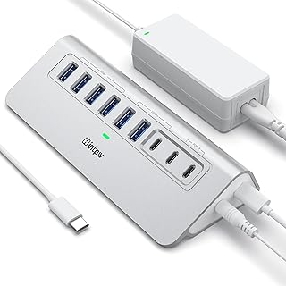 Powered USB Hub 10Gbps, intpw 9-Port USB 3.2 Hub, USB C Hub with USB A/USB C 3.2, 4 USB 3.0, 2 PD 45W Charging Ports, 65W Power Adapter and 3.3FT Cable, Aluminum USB Hub for Laptop, iPhone 17/16/15，PC