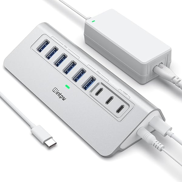 Powered USB Hub 10Gbps, intpw 9-Port USB 3.2 Hub, USB C Hub with USB A/USB C 3.2, 4 USB 3.0, 2 PD 45W Charging Ports, 65W Power Adapter and 3.3FT Cable, Aluminum USB Hub for Laptop, iPhone 17/16/15，PC